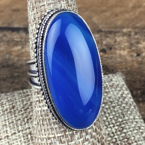 Blue Botswana Agate Stone Silver Overlay Ring Size 7.75 - Picture 1 of 12